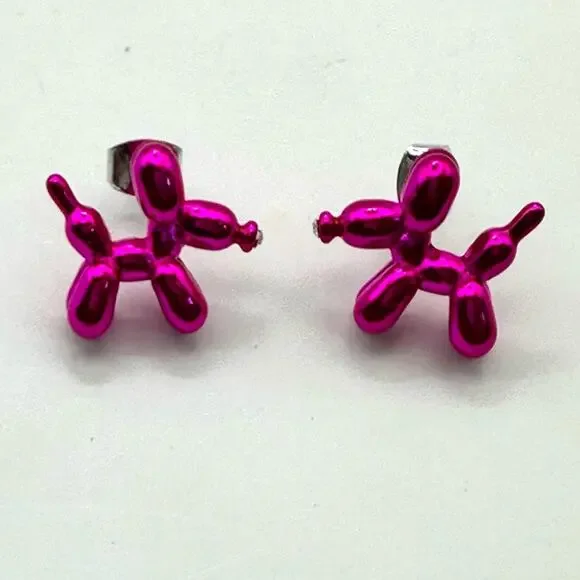 Metallic Hot Pink Balloon Animal Dog Earrings Pierced Modern Contemporary - Picture 2 of 5